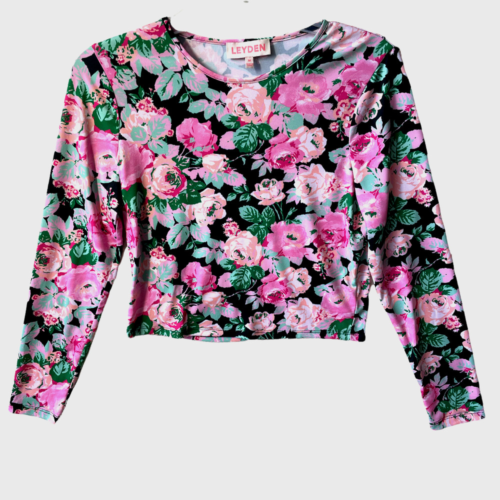 Leyden Crop Top Size M Black Pink Floral Long Sleeve Stretchy EUC Cottagecore